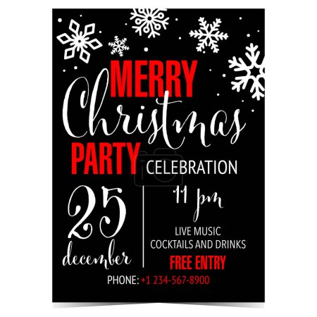 Merry Christmas party poster, banner or invitation postcard. Vector illustration for Christmas celebration party on December 25 with white snowflakes and red text on black background. Ready to print.