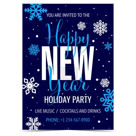 Photo for Happy New Year holiday party banner, poster or invitation card with white snowflakes on blue background. Vector illustration for promotion, announcement of New Year celebration party on December 31. - Royalty Free Image