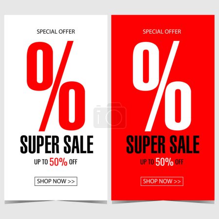 Photo for Sale and discount poster with big percent sign in the middle of illustration on white or red background. Vector design template suitable sale and discount shopping season promotion during holidays. - Royalty Free Image