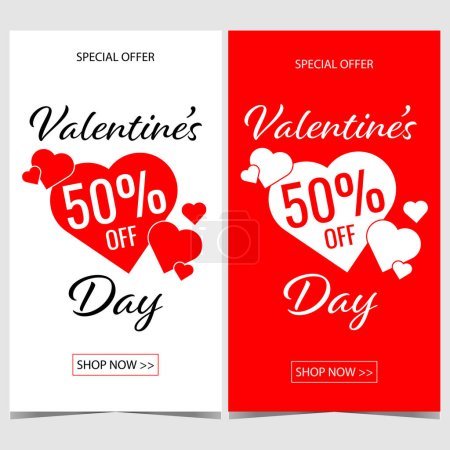 Photo for Valentine's Day sale vector banner with hearts in the middle of the poster and indication of discount percentage on white or red background for shopping during Saint Valentine holiday on February 14. - Royalty Free Image