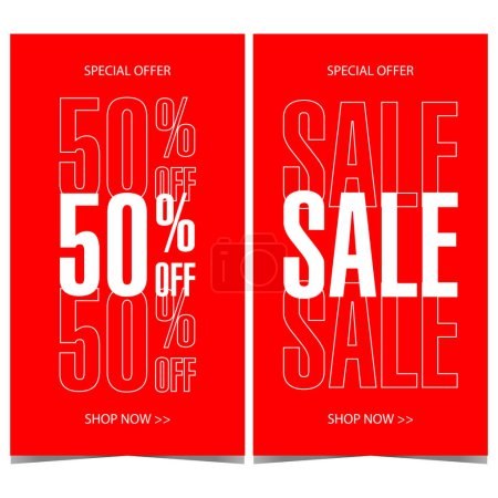 Photo for Sale and discount vector banner design with white text on red background suitable for shopping season advertisement, special offer promotion and price reduction announcement. Flat style illustration. - Royalty Free Image