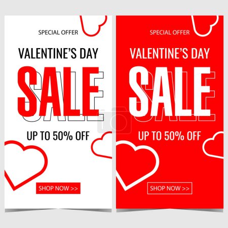 Téléchargez les photos : Valentine's Day sale design template with hearts and price discount percent on red or white background. Banner or poster for shopping promotion during the Holiday of Saint Valentine shopping season. - en image libre de droit