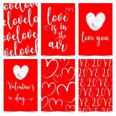Téléchargez les photos : Valentine's Day vector greeting postcards with hand-drawn hearts and romantic love text on red background. Illustration in flat style also suitable for Saint Valentine gift label, tag, sticker, badge. - en image libre de droit