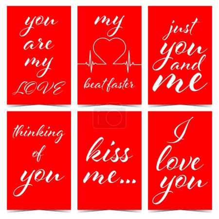 Photo for Valentine's Day romantic greeting postcards with love calligraphic text and messages on red background. Vector illustration in flat style can be also used as gift label, tag, sticker or badge. - Royalty Free Image