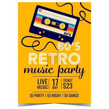 Photo for Retro music party invitation poster with audio cassette on yellow background. Vector banner or flyer design template in flat style for retro 80's concert, disco dance night or eighties show. - Royalty Free Image