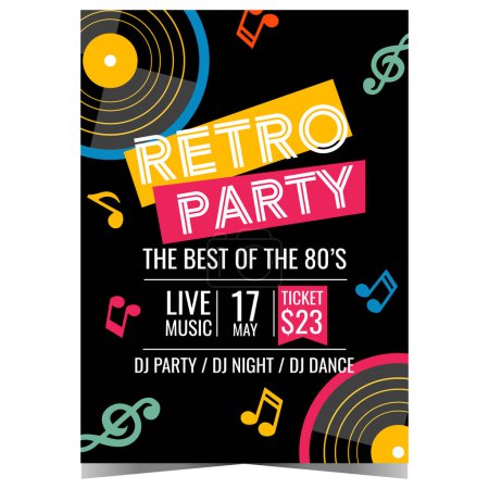 Photo for Retro party invitation card design. Vector poster, banner or flyer with vinyl records and colored music elements on black background suitable for retro show, concert or disco dance eighties party. - Royalty Free Image