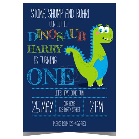 Photo for Dinosaur birthday party invitation vector template. Children's birthday celebration poster, banner or invite card design with cute happy cartoon dino and colourful text. Ready to print illustration. - Royalty Free Image