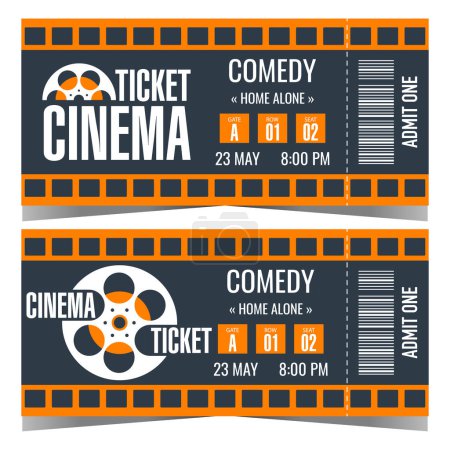 Photo for Cinema ticket design template with cinematographic film and film reel on background. Vector ticket or talon to the movie session access with date and time, detachable part with barcode. - Royalty Free Image