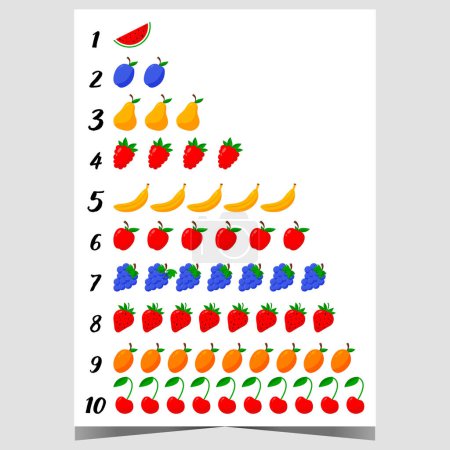 Photo for Table for learning counting up to ten with cute colourful fruit and berry icons. Educational material for children to develop counting and arithmetic skills. Handy exercise chart. Vector illustration. - Royalty Free Image