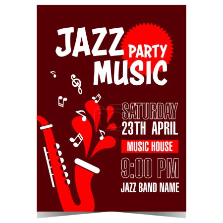 Illustration for Jazz music party invitation with red saxophone emitting musical notes. Vector illustration of poster, banner, leaflet or flyer suitable for live jazz music concert or festival. Ready to print. - Royalty Free Image