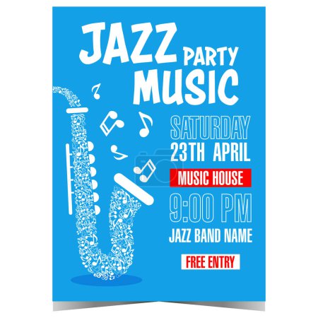 Illustration for Jazz music party promo banner or poster with white saxophone composed from musical notes on blue background. Vector leaflet or flyer suitable for live jazz music concert or festival. Ready to print. - Royalty Free Image