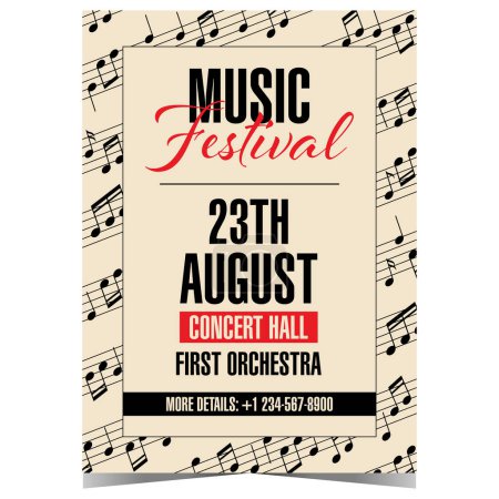 Photo for Music festival vector illustration with musical notes on a beige background. Vertical banner, poster, leaflet or invitation flyer for live music concert promotion and advertisement. Ready to print. - Royalty Free Image