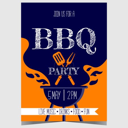 Photo for Barbecue party invitation poster with grill filled with flame and charcoal smoke, fork and turner spatula ready to grill, fry and roast the beef or pork steak during the bbq weekend outdoor picnic. - Royalty Free Image