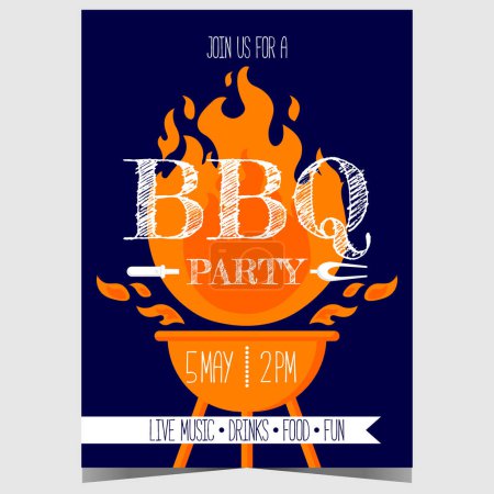 Photo for BBQ party invitation for outdoor picnic and steak cooking on the flame of a grill. Barbecue party poster or banner for grill time weekend with friends and family. Ready to print vector illustration. - Royalty Free Image
