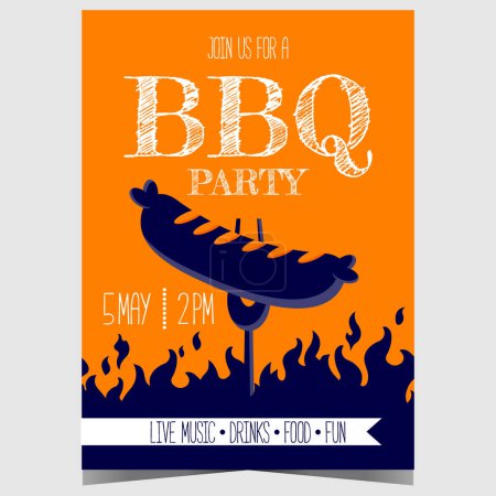 Photo for BBQ party or barbecue event invitation poster with a sausage on a fork over the flame of a grill. Vector illustration for outdoor picnic and meat cooking with family and friends during the weekend. - Royalty Free Image