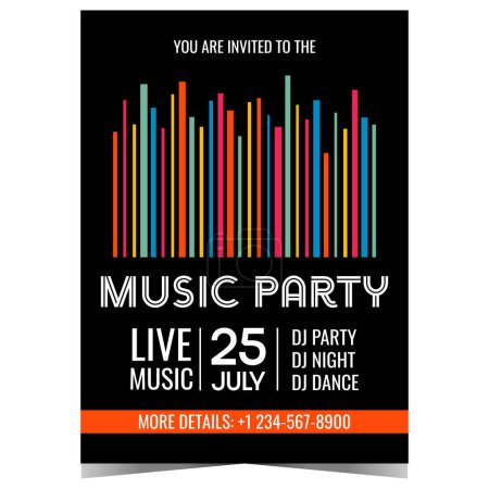 Photo for Music party banner, poster or invitation flyer with colourful stripes and white text on black background. Vector illustration in flat style for night club or disco dance club and nightlife promotion. - Royalty Free Image