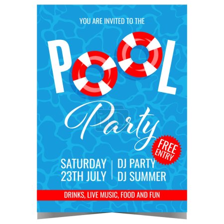 Photo for Pool party vector illustration for summer vacation entertainment. Invitation leaflet, flyer, banner or poster with inflatable swimming ring in blue pool water suitable for exotic beach event promo. - Royalty Free Image
