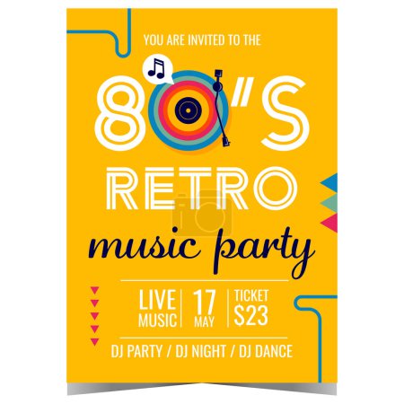 Photo for Retro music party vector illustration with 80's vinyl record player on yellow background. Live music party invitation, promo banner or poster for nostalgic old school musical entertainment event. - Royalty Free Image