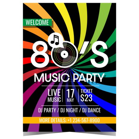 Photo for Retro music party banner or poster design. Vector illustration with colourful stripes and vinyl record on background suitable for 80's retro music live concert invitation, promo leaflet or flyer. - Royalty Free Image