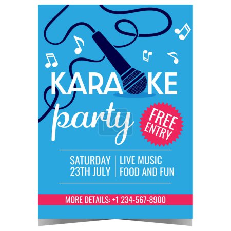 Photo for Karaoke music party poster or invitation flyer with microphone and musical notes on blue background. Vector illustration for live music disco dance event, vocal contest in karaoke bar or night club. - Royalty Free Image