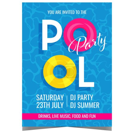 Pool party poster or banner, invitation leaflet or flyer with colorful inflatable swimming rings on the glittering pool water. Vector illustration design template for summer fun and vacation events.