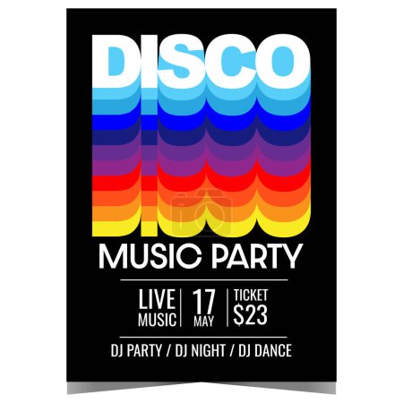 Photo for Disco music party vector illustration. Design template for dance club invitation, promo banner or poster, advertising flyer or leaflet with retro colored inscription on a black background. - Royalty Free Image