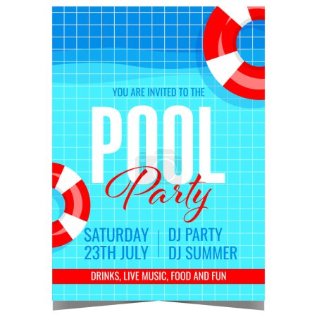 Photo for Pool party vector template with inflatable red-white swim rings on pool tile background. Invitation leaflet or flyer, advertising poster or banner for vacation fun and entertainment during the summer. - Royalty Free Image