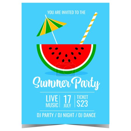 Photo for Summer party invitation banner or promo poster for holiday and vacation leisure time with friends and family. Vector illustration with drinking straw, cocktail umbrella and slice of watermelon. - Royalty Free Image