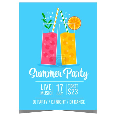 Photo for Summer party poster with two glasses of refreshing cocktails, lemonade or soda. Vector illustration design for tropical and exotic party suitable for summer vacation, holiday or relaxing weekend. - Royalty Free Image
