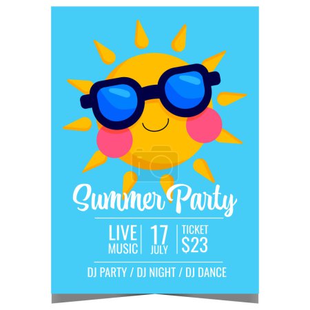 Photo for Summer party design template with happy smiling sun character in sunglasses. Vector illustration of summer party invitation banner or promo poster for tropical vacation and exotic holiday leisure. - Royalty Free Image