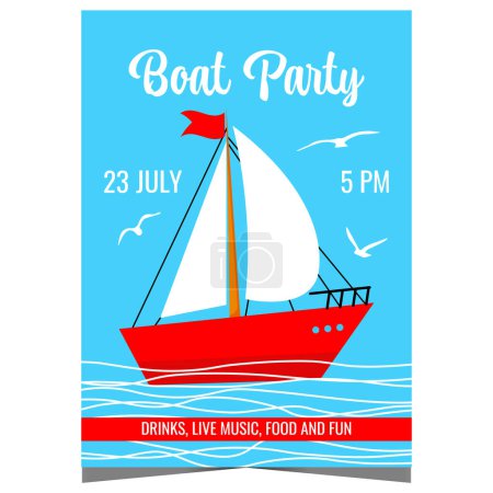 Photo for Boat party vector illustration for design of promo poster, banner or invitation. Yacht party flyer with red pleasure boat sailing on the sea suitable for fun event during summer vacation or holiday. - Royalty Free Image