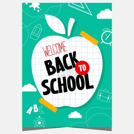 Photo for Back to school vector illustration with checkered exercise book in the form of apple and school supplies on the background. Welcome back to school banner or poster for the start of the school year. - Royalty Free Image