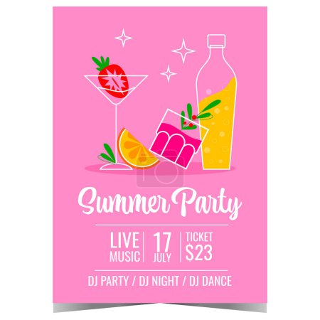 Photo for Summer party poster with cocktails on the background. Vector illustration of summer beach party banner or invitation to celebrate vacation season with tropical exotic drinks and fruit smoothie. - Royalty Free Image