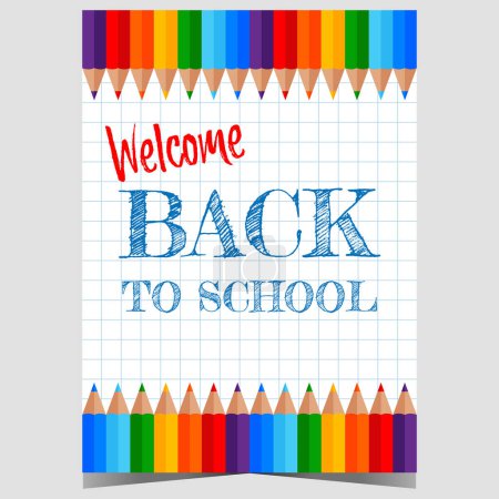 Photo for Welcome back to school vector design template with colour pencils and lettering on checkered paper background. Education and schooling web banner or poster for announcement of first school day. - Royalty Free Image
