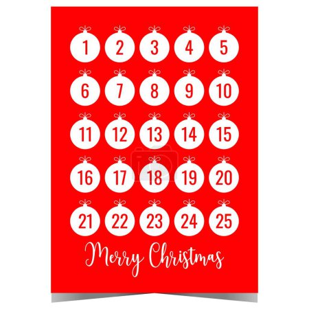 Photo for Christmas Advent calendar with Christmas tree decoration balls on red background. Festive poster in minimalist style with dates from 1 to 25 to count the days of Advent in anticipation of Xmas. - Royalty Free Image