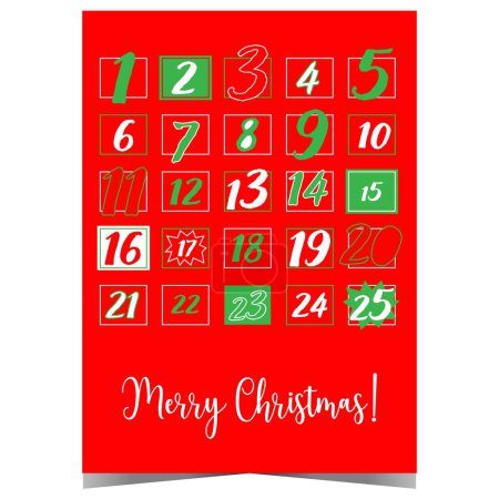 Photo for Advent calendar for Christmas with dates from 1 to 25 December in green, red, white colours. Christmas poster design to countdown the days until winter holidays, Xmas Eve, receiving gifts from Santa. - Royalty Free Image