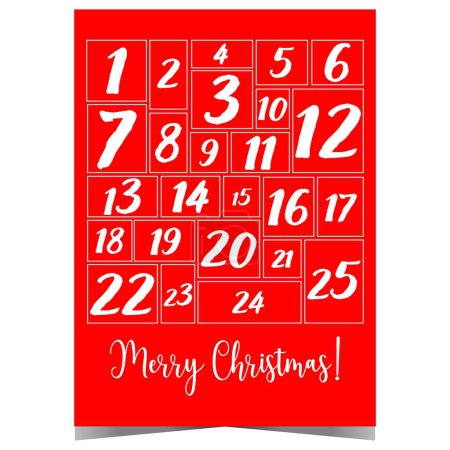 Photo for Merry Christmas December Advent calendar with dates from 1 to 25 to count the days of Advent in anticipation of Christmas Eve. Ready to print winter holidays countdown red-white poster. - Royalty Free Image