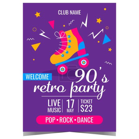 Photo for Retro music party poster in 90's style with vintage disco roller skates and colourful abstract graphic elements on the blue background. Invitation for disco dance event in the night club. - Royalty Free Image