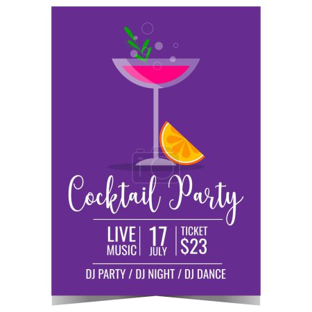 Photo for Cocktail party vector illustration with a glass of alcoholic drink and a slice of lime or lemon on blue background. Cocktail party invitation poster, banner, leaflet or flyer for entertainment event. - Royalty Free Image