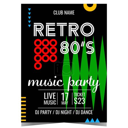 Photo for Retro music party vector illustration with 80's vintage graphic elements on black background. Retro music concert promo poster or banner, invitation leaflet or flyer for disco dance club event. - Royalty Free Image