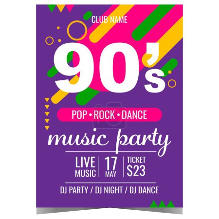 Photo for Music party artists of the 90's vector design template. Nineties music party invitation, promo poster or banner with 90's colourful graphic elements for concert or disco dance event in the night club. - Royalty Free Image