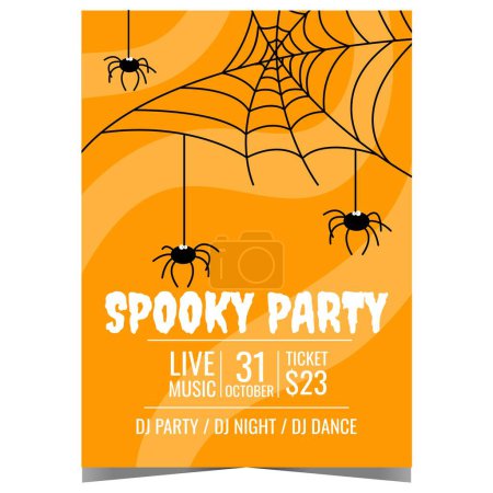 Photo for Spooky Halloween party invitation with funny spiders weaving a web on an orange background. Vector design template for Halloween party banner or poster to celebrate the All Saints' Day on October 31. - Royalty Free Image