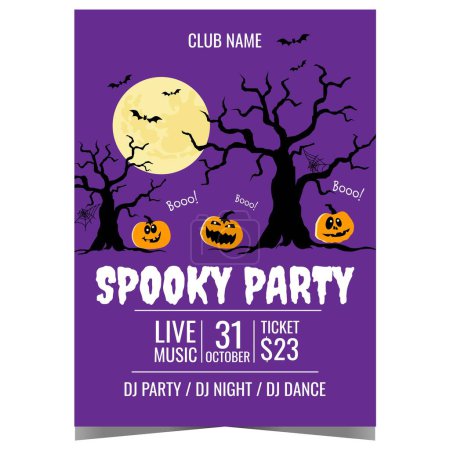 Photo for Spooky Halloween party vector design template with scary pumpkins and horrible trees in the night, full moon and bats on violet background. Halloween party invitation, banner poster or flyer. - Royalty Free Image