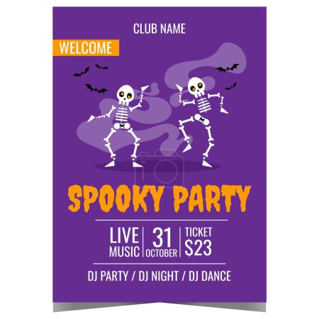 Photo for Spooky Halloween party poster or banner with funny cartoon dancing skeletons and flying bats in violet background. Invitation flyer or billboard design to celebrate the All Saints' Day on October 31. - Royalty Free Image