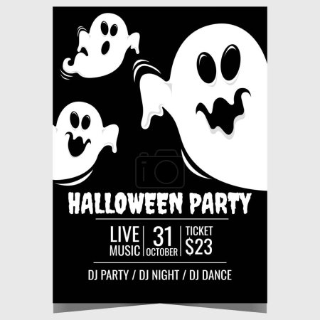 Bannière de fête d'Halloween avec fantômes effrayants ou fantômes sur fond noir. Modèle de conception vectorielle pour l'affiche effrayante de fête d'Halloween, prospectus d'invitation ou dépliant pour célébrer la fête le 31 octobre.