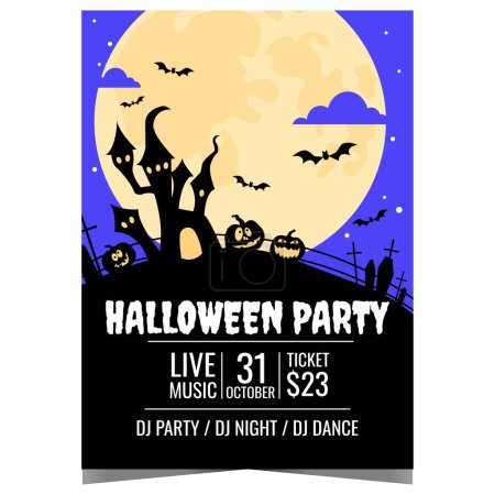 Halloween party poster with big full moon illuminating the witch's castle, scary pumpkins, horrible graveyard and flying bats. Ready to print vector template for Halloween Party celebration.