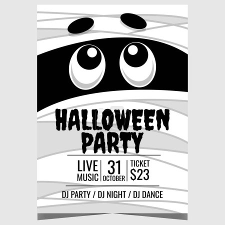 Photo for Halloween party poster or banner with spooky cartoon mummy on the background. Vector design template of Halloween flyer to invite friends to celebrate the All Saints' Day on October 31. - Royalty Free Image