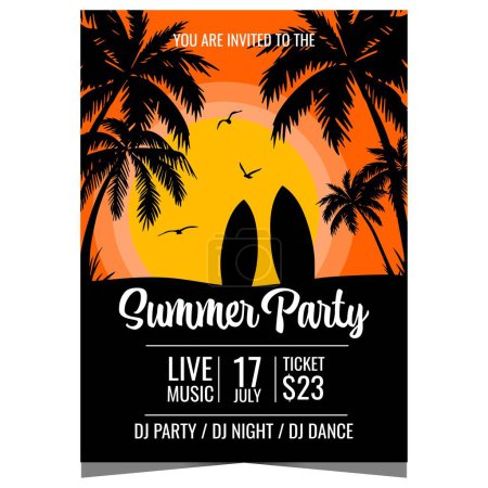 Photo for Summer party design template for vacation season with surfboards on the beach under the palm trees during sunset. Vector tropical and exotic summer party invitation flyer, banner or poster. - Royalty Free Image