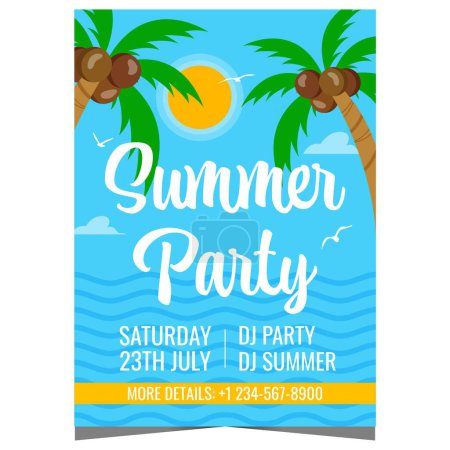 Photo for Summer party cartoon poster with palm trees, sea waves and sunshine on the background. Tourist resort and exotic vacation event template to enjoy the summertime, sea freshness and relaxing ambience. - Royalty Free Image