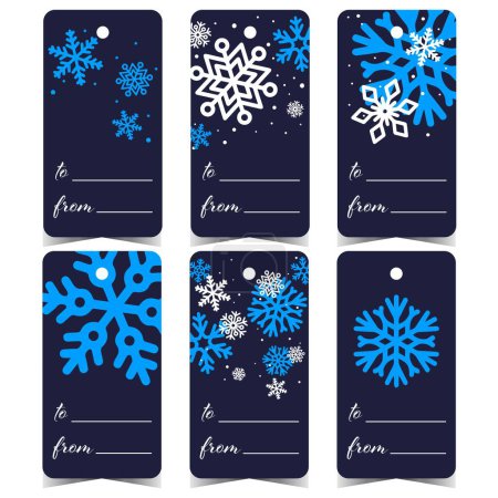 Photo for Christmas tags, labels or stickers with blue snowflakes and a hole to tie or hang it on a gift box or present during the New Year and Christmas holidays. Ready to print and sign Christmas marks. - Royalty Free Image
